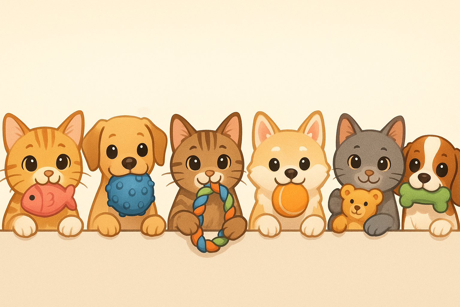 a line of cats and dogs popping their heads up with toys